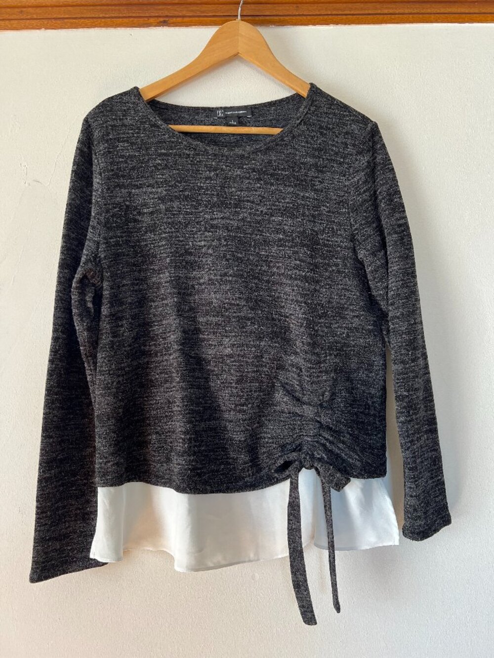 I.N.C. large, black/white/grey sweater with ruffle and tie detail